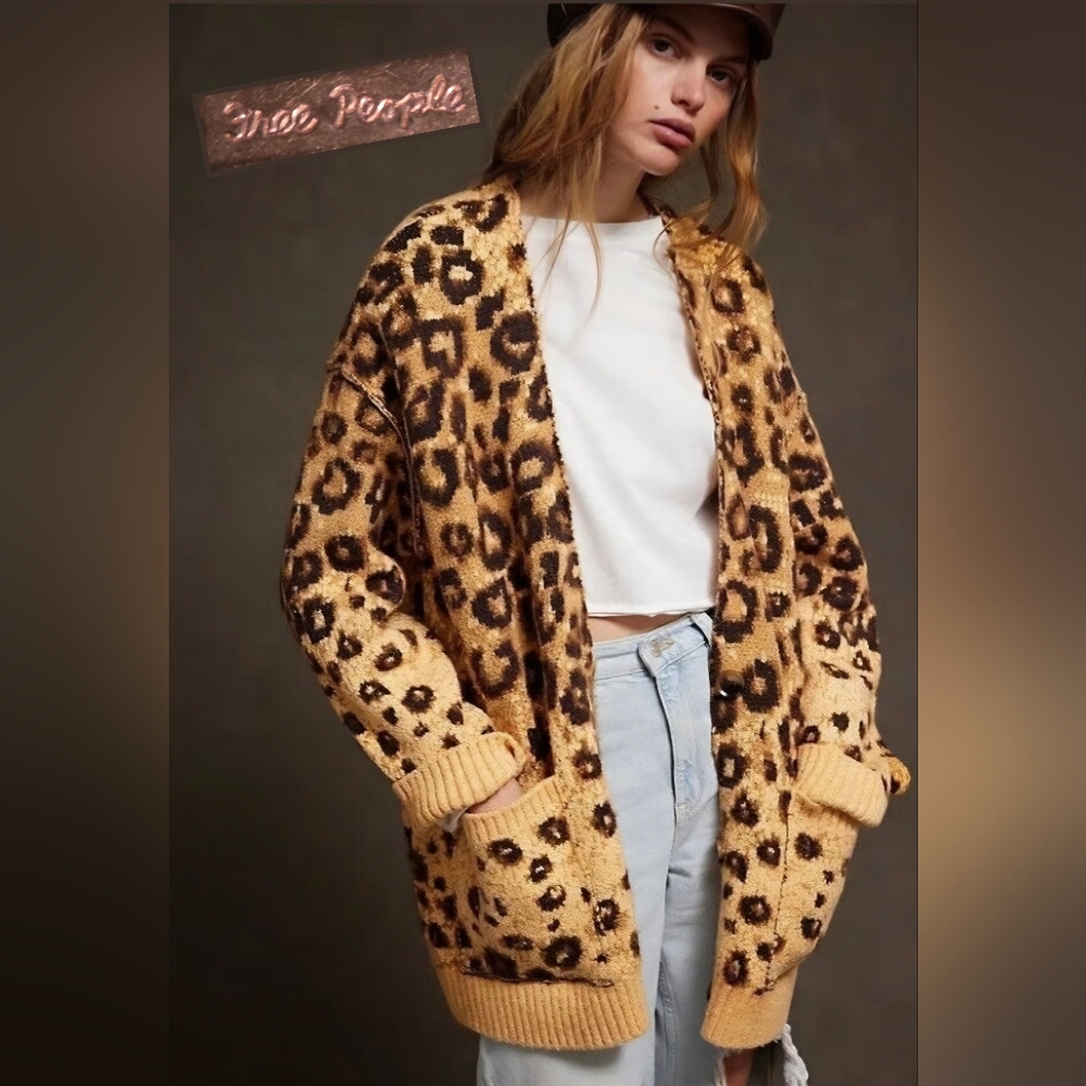 Free People State Side Cardigan Leopard Soft Knit Yellow Combo Size Small NWT